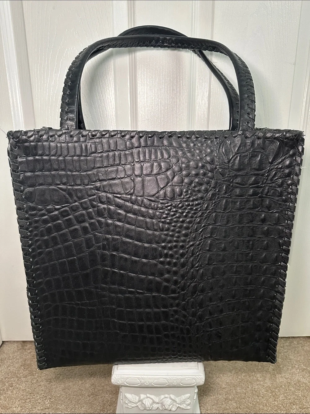 Structured Black Haircalf Tote with Braided Trim, black croc leather on opposite
